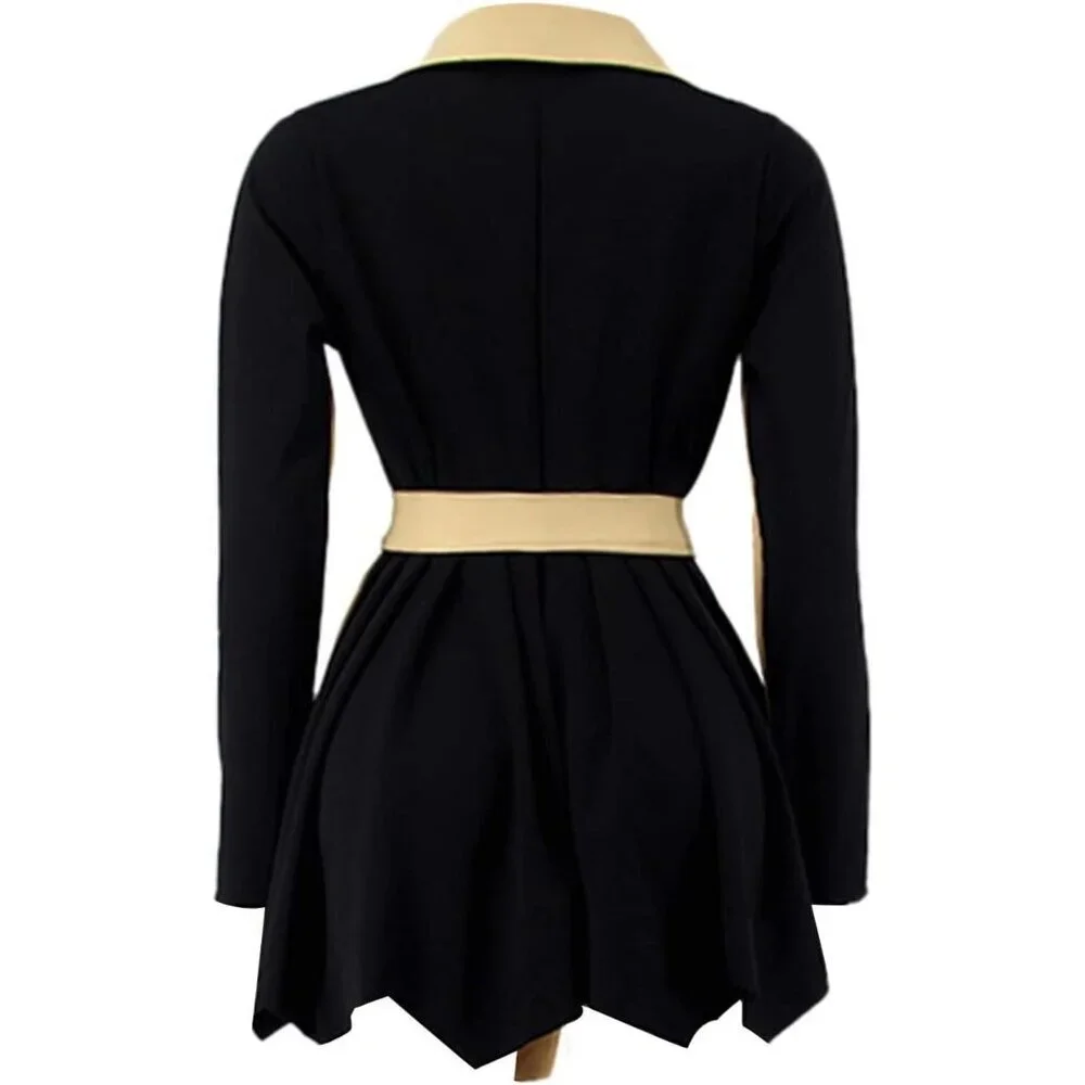 Women Khaki Two Tone V Neck Double Breasted Peplum Belted Blazer Mini Dress - Picture 6 of 7